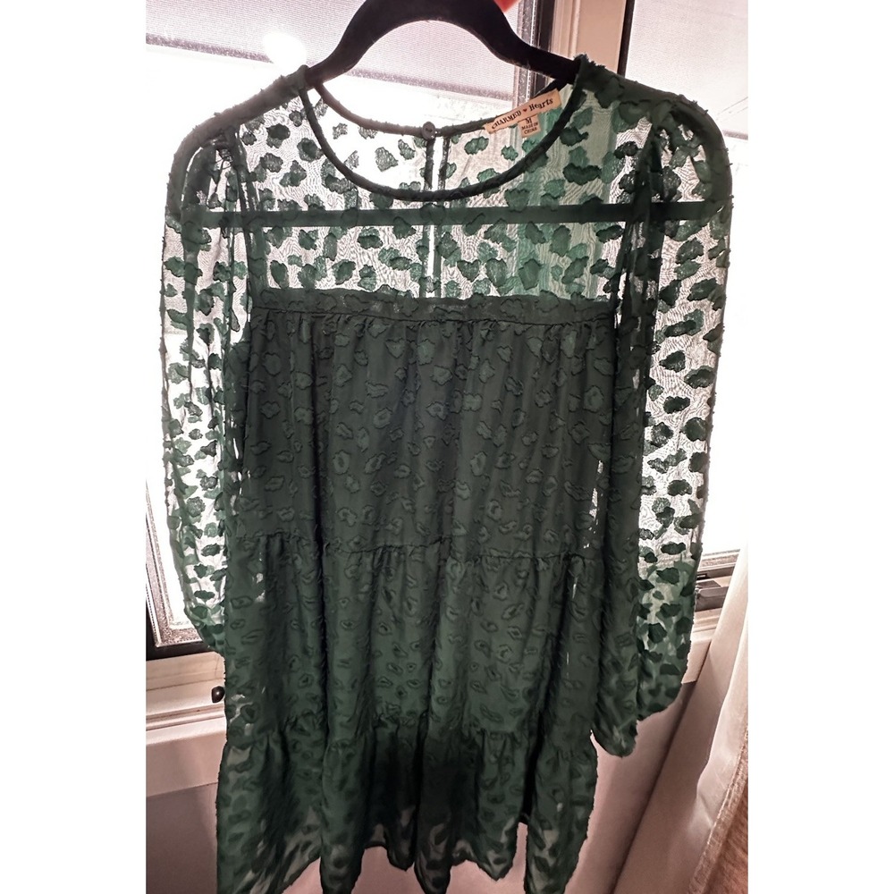 Emerald Green Mini Dress Babydoll Peasant Cottage Prairie Size M Sheer Fairy